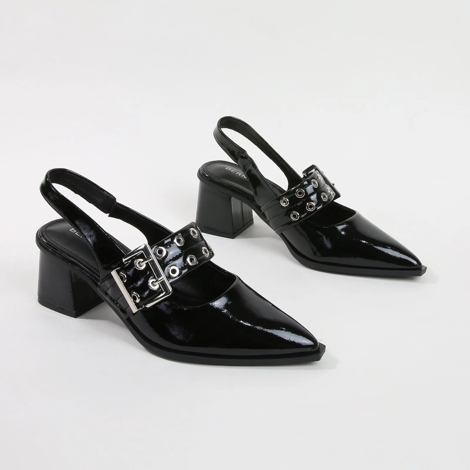Abigail Black Patent Buckle Slingback Block Heels