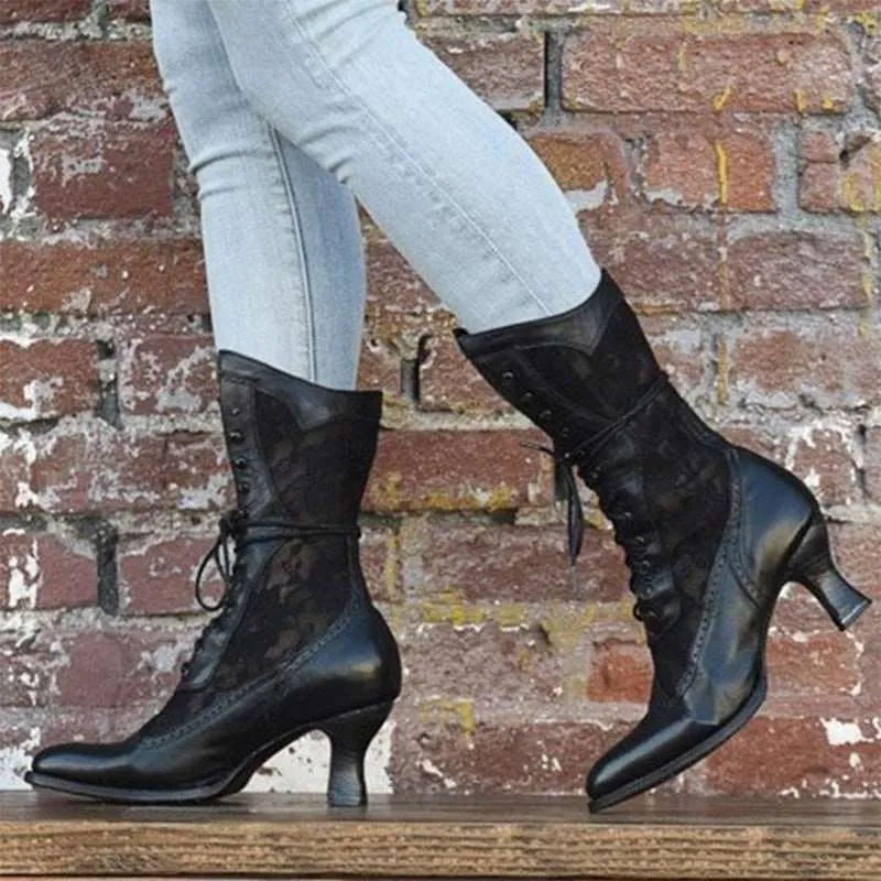British Style Steampunk Lace-panelled Ladies Boots in White