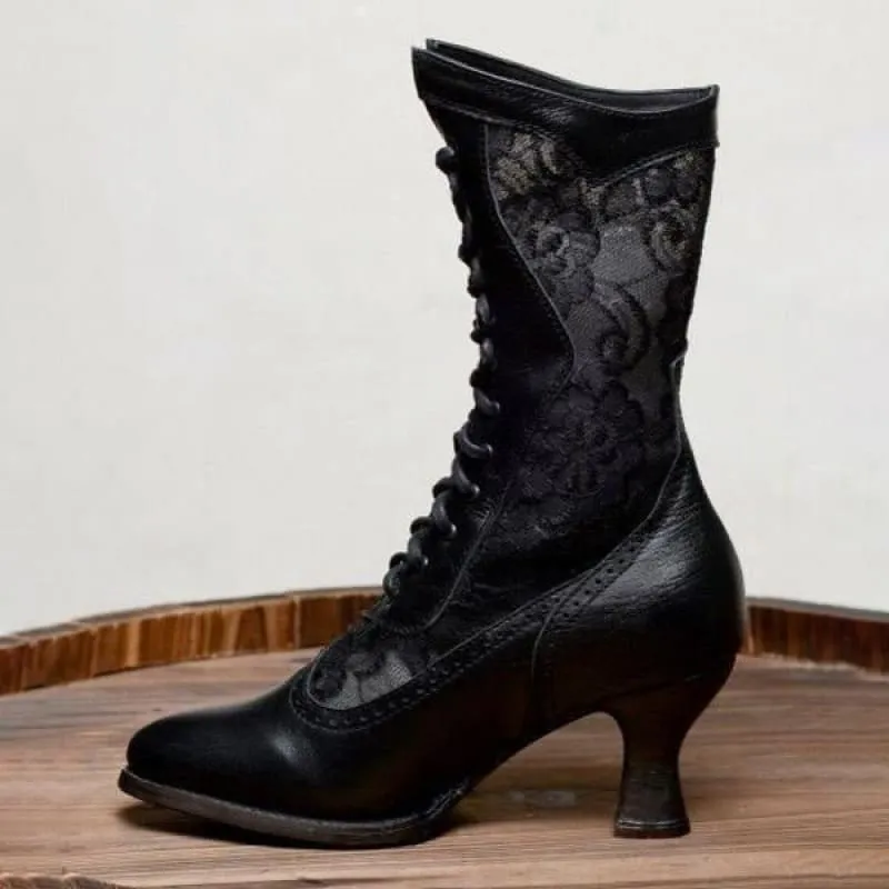 British Style Steampunk Lace-panelled Ladies Boots in White
