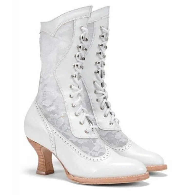 British Style Steampunk Lace-panelled Ladies Boots in White