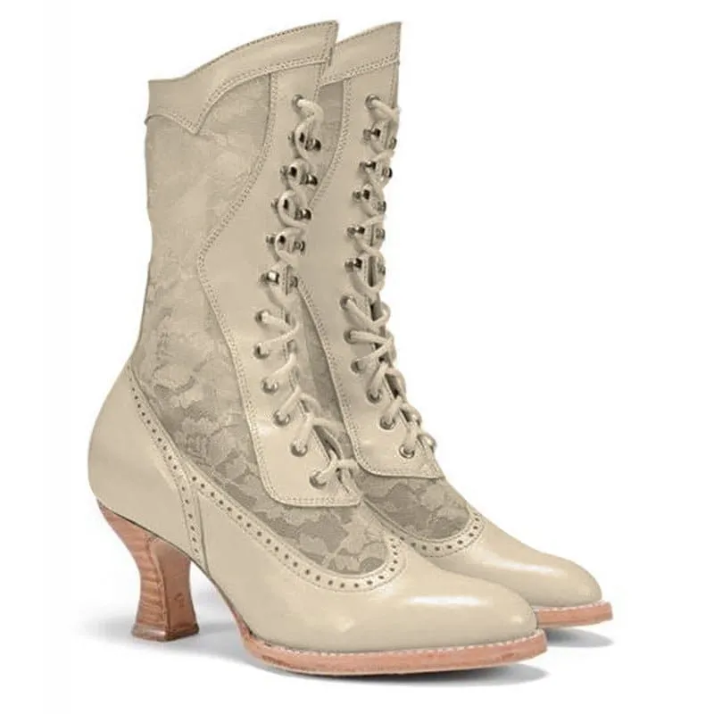British Style Steampunk Lace-panelled Ladies Boots in White