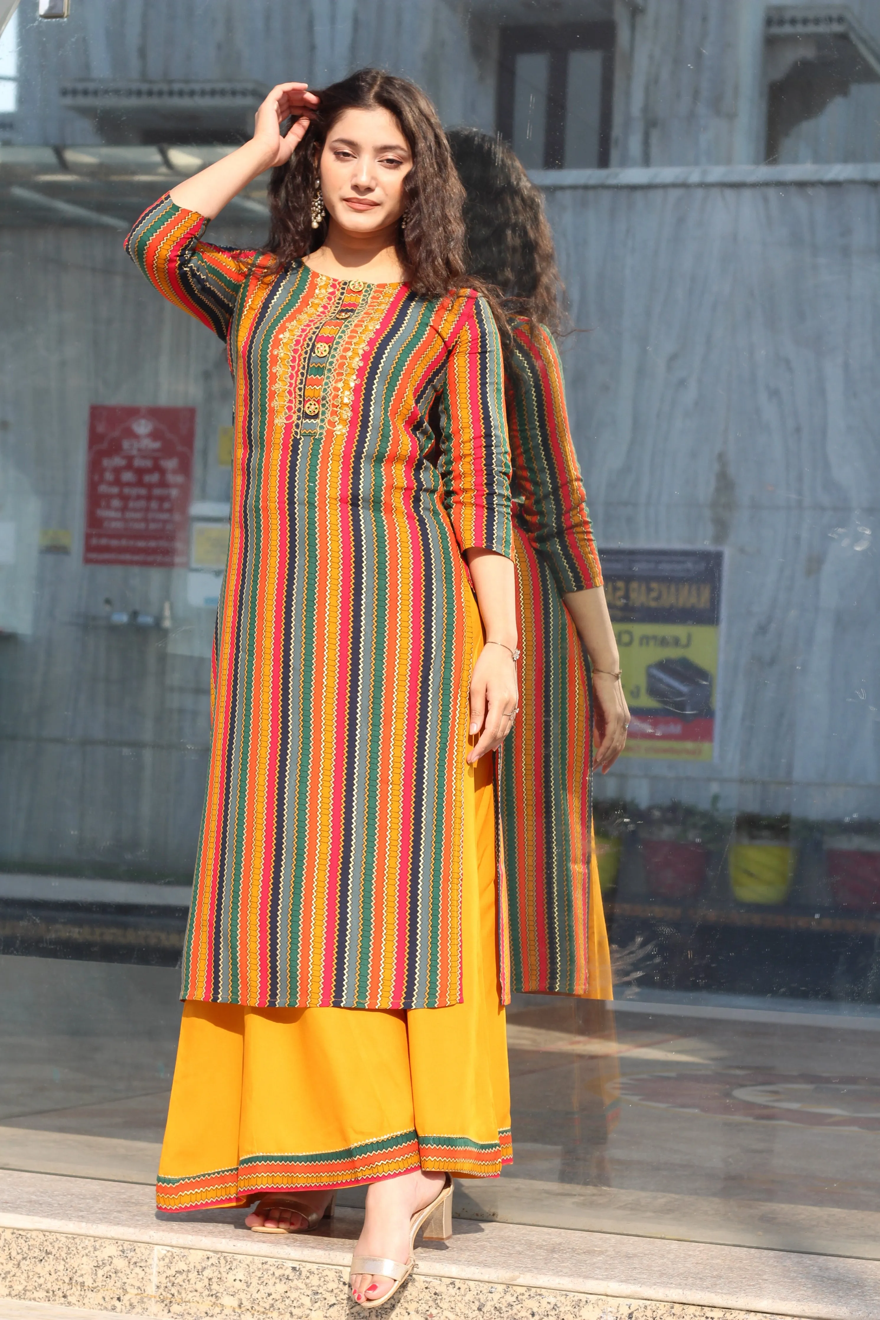 Color Multi Rayon Straight Womens Kurta with Divider Palazzo