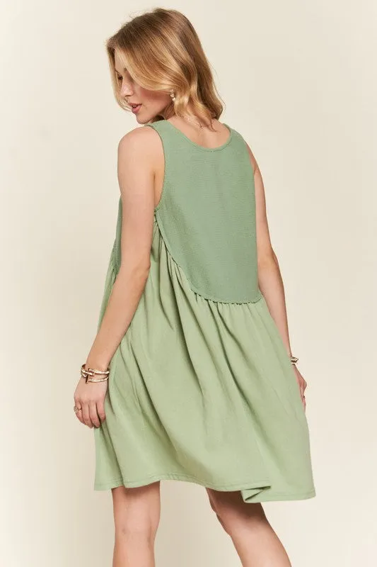 Decorative Button Sleeveless Sage Babydoll Dress