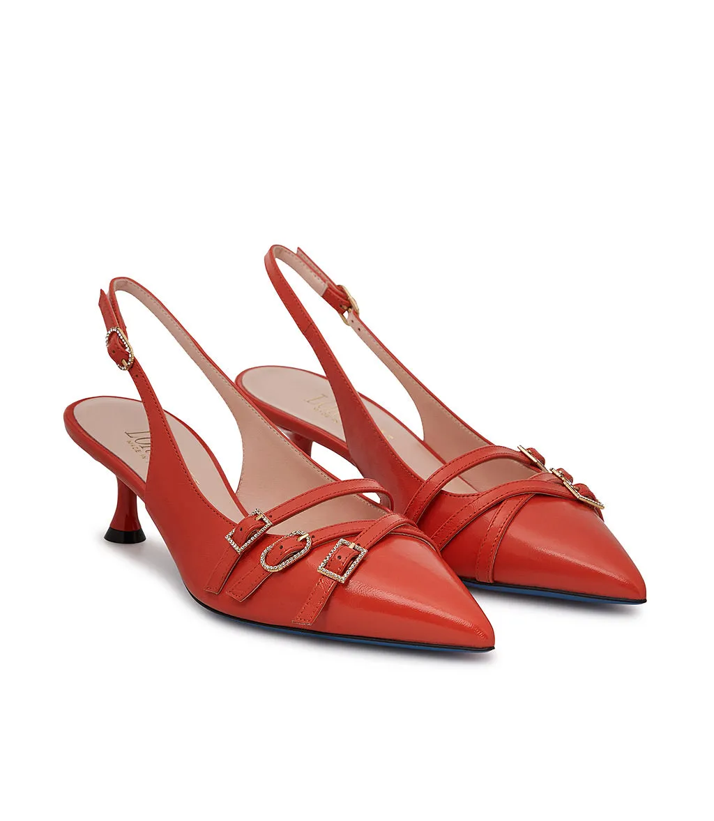 Decorative straps cayenne red leather slingback pumps 