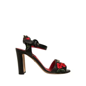 Dolce & Gabbana Black Embossed Carnation Heeled Sandals Shoes