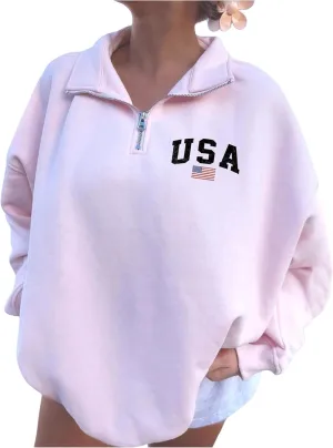 GORGLITTER Women's American Flag Graphic Letter Quarter Zip Pullover Sweatshirt Casual Long Sleeve Mock Neck Pullover Tops