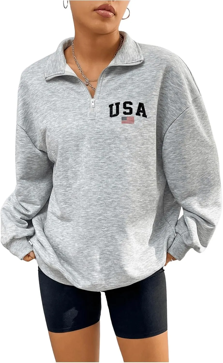 GORGLITTER Women's American Flag Graphic Letter Quarter Zip Pullover Sweatshirt Casual Long Sleeve Mock Neck Pullover Tops