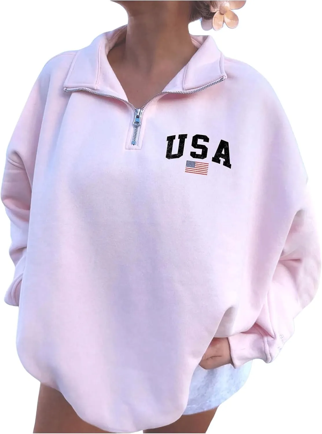 GORGLITTER Women's American Flag Graphic Letter Quarter Zip Pullover Sweatshirt Casual Long Sleeve Mock Neck Pullover Tops