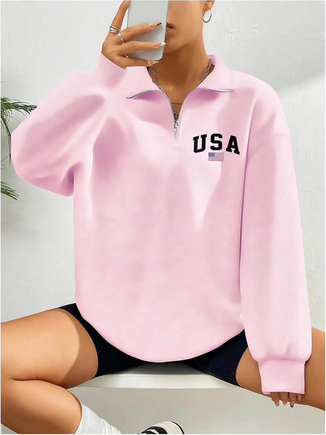 GORGLITTER Women's American Flag Graphic Letter Quarter Zip Pullover Sweatshirt Casual Long Sleeve Mock Neck Pullover Tops