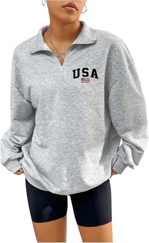 GORGLITTER Women's American Flag Graphic Letter Quarter Zip Pullover Sweatshirt Casual Long Sleeve Mock Neck Pullover Tops