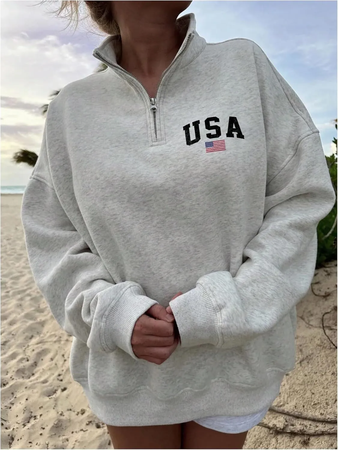 GORGLITTER Women's American Flag Graphic Letter Quarter Zip Pullover Sweatshirt Casual Long Sleeve Mock Neck Pullover Tops
