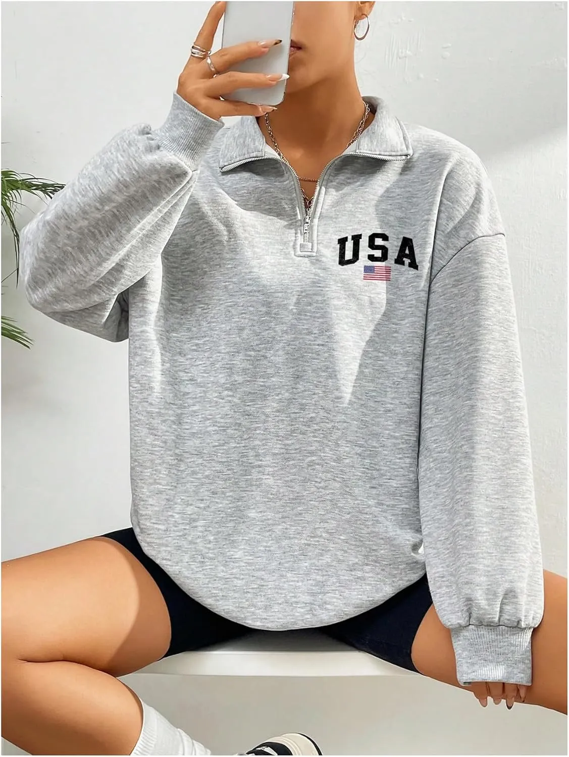 GORGLITTER Women's American Flag Graphic Letter Quarter Zip Pullover Sweatshirt Casual Long Sleeve Mock Neck Pullover Tops