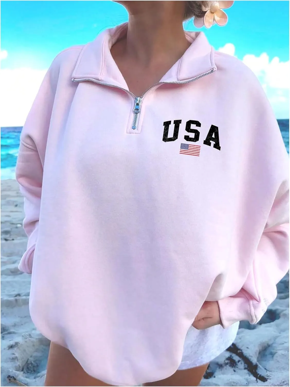 GORGLITTER Women's American Flag Graphic Letter Quarter Zip Pullover Sweatshirt Casual Long Sleeve Mock Neck Pullover Tops