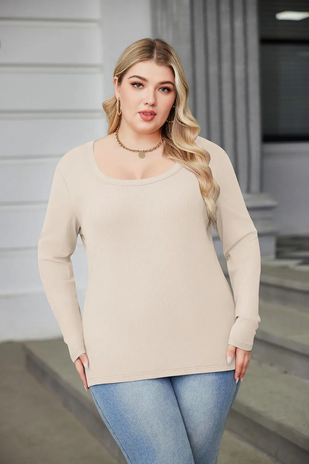 IN'VOLAND Plus Size Womens Long Sleeve Scoop Neck Ribbed Knit T-Shirt Fitted Casual Basic Tops