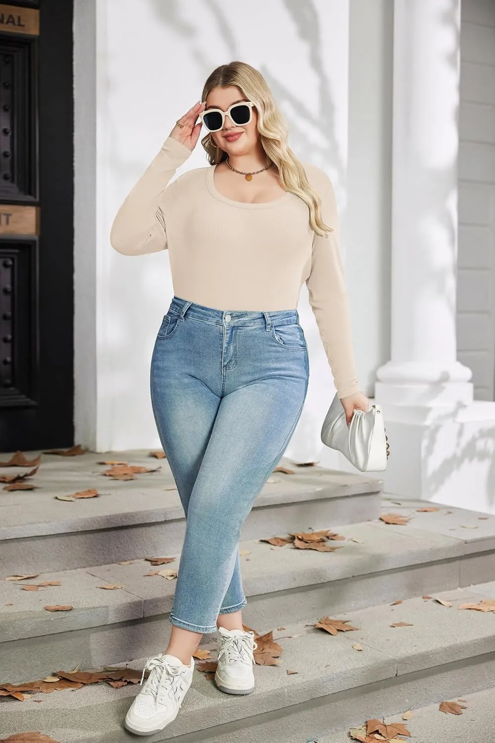 IN'VOLAND Plus Size Womens Long Sleeve Scoop Neck Ribbed Knit T-Shirt Fitted Casual Basic Tops