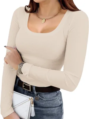 IN'VOLAND Plus Size Womens Long Sleeve Scoop Neck Ribbed Knit T-Shirt Fitted Casual Basic Tops