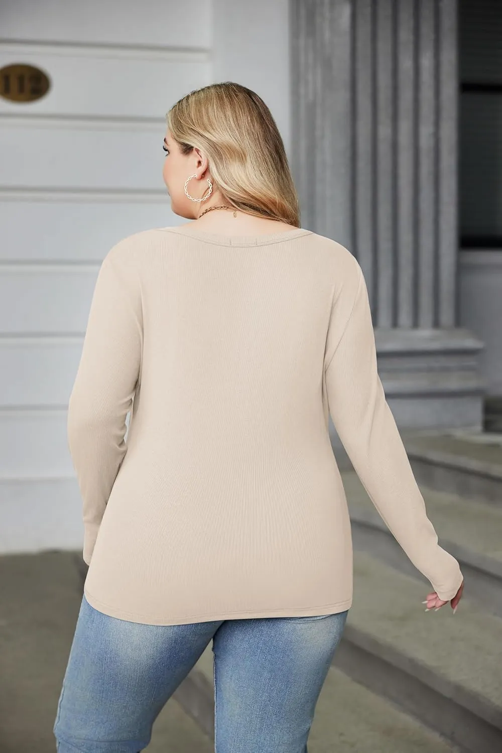 IN'VOLAND Plus Size Womens Long Sleeve Scoop Neck Ribbed Knit T-Shirt Fitted Casual Basic Tops