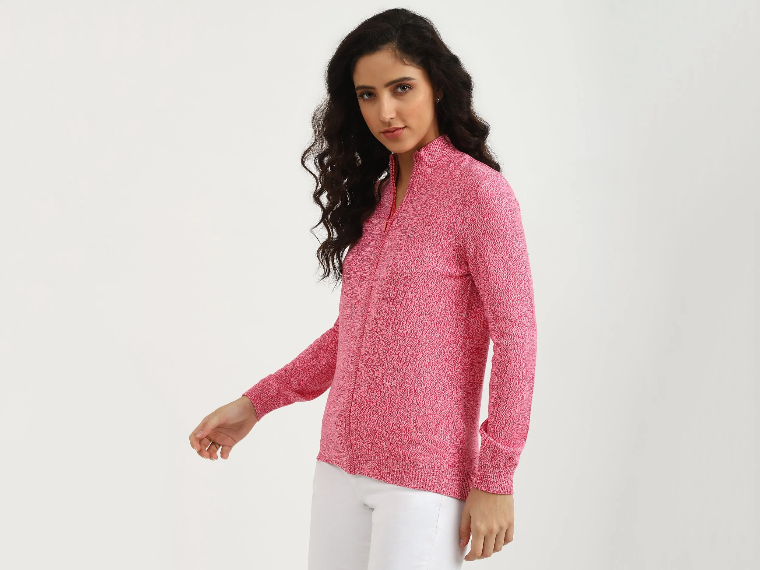 Ribbed Hemline High Neck Self Designed Sweater