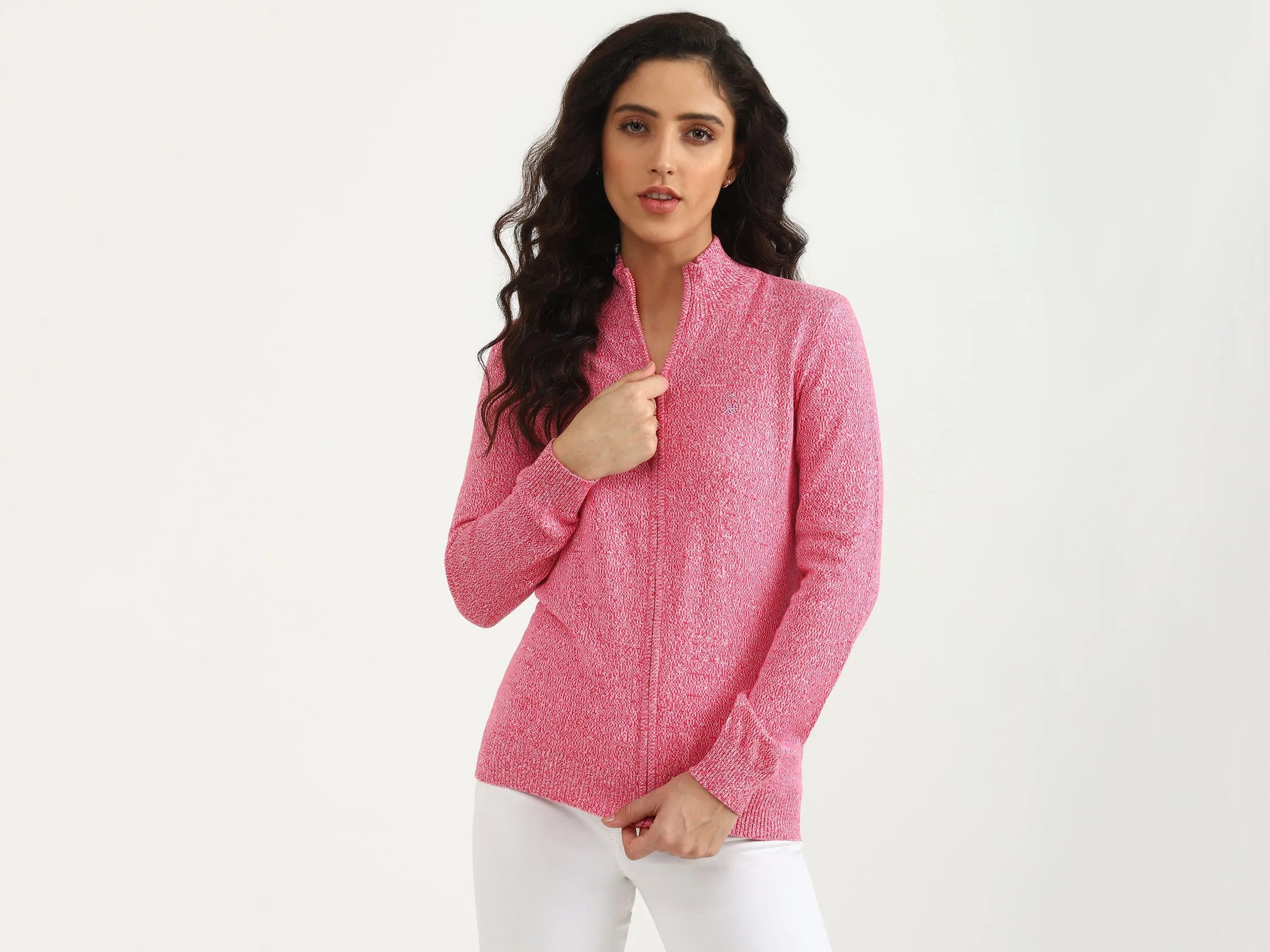 Ribbed Hemline High Neck Self Designed Sweater
