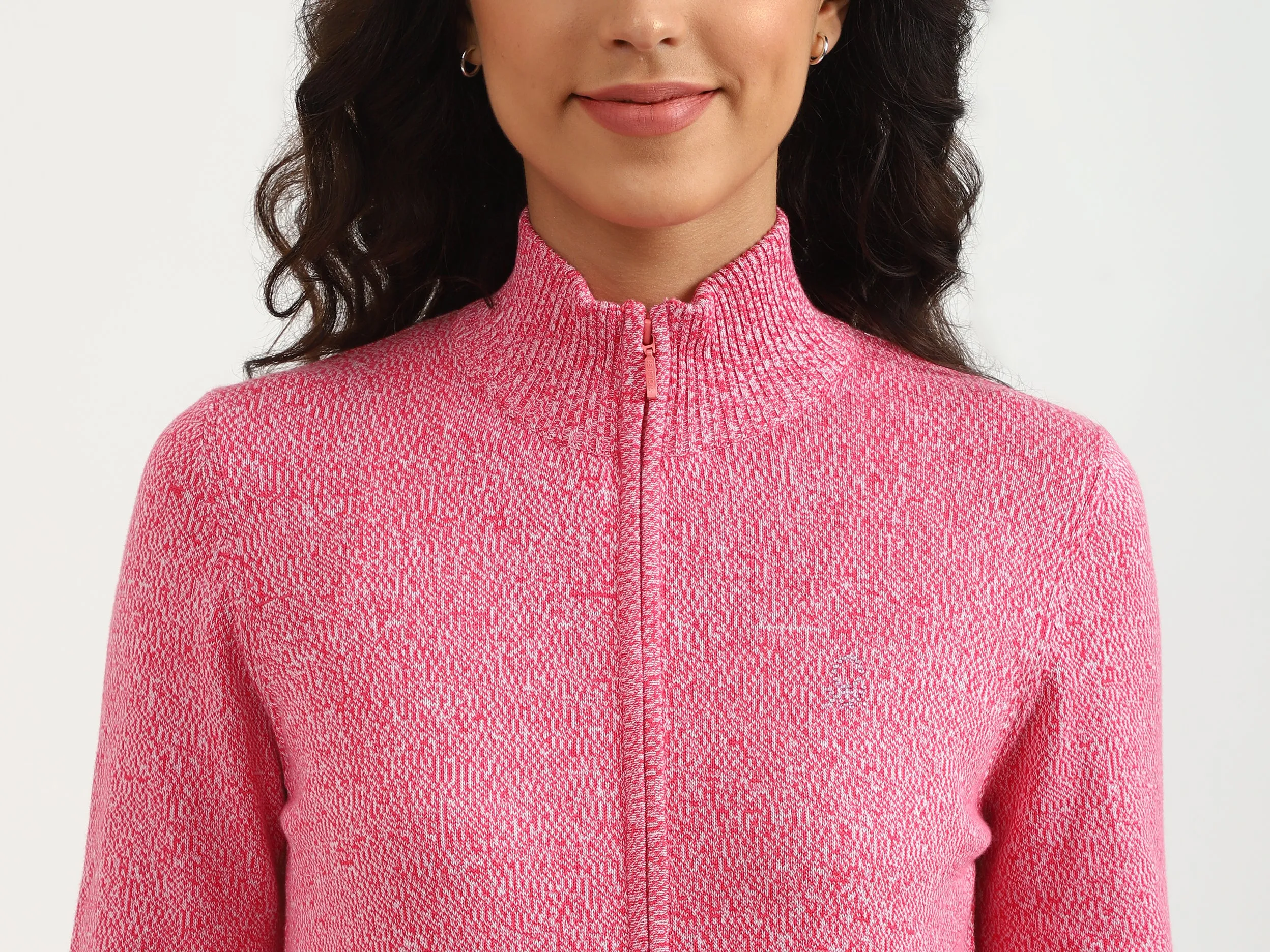 Ribbed Hemline High Neck Self Designed Sweater