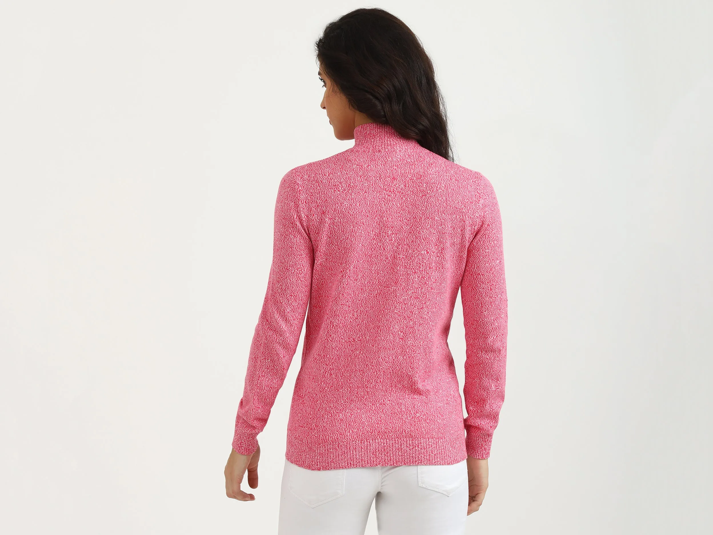 Ribbed Hemline High Neck Self Designed Sweater
