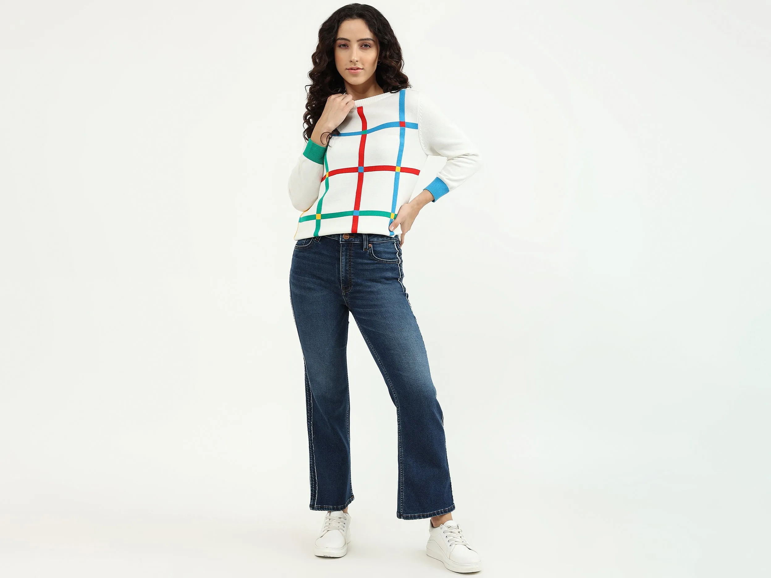 Slim Fit Boat Neck Check Sweater