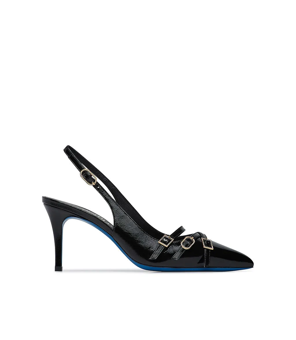 Straps embellished black nappa leather slingback pumps