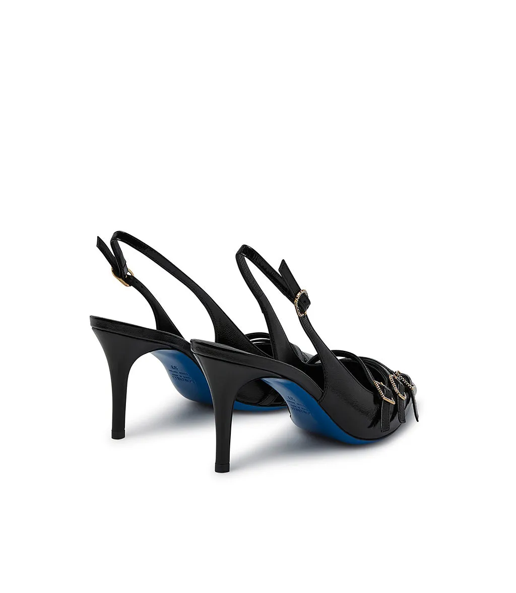 Straps embellished black nappa leather slingback pumps