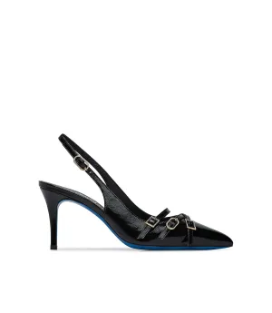 Straps embellished black nappa leather slingback pumps