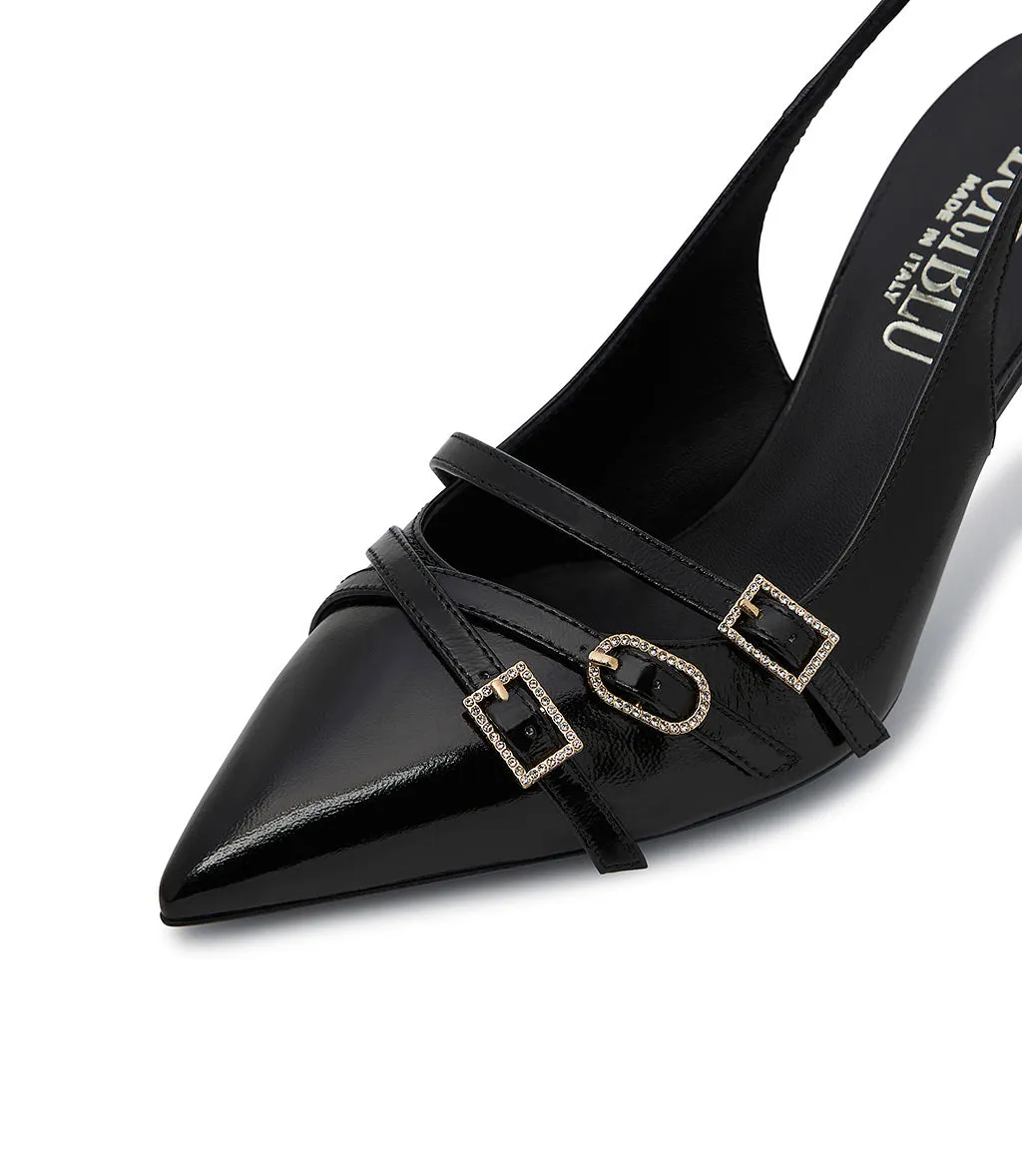 Straps embellished black nappa leather slingback pumps