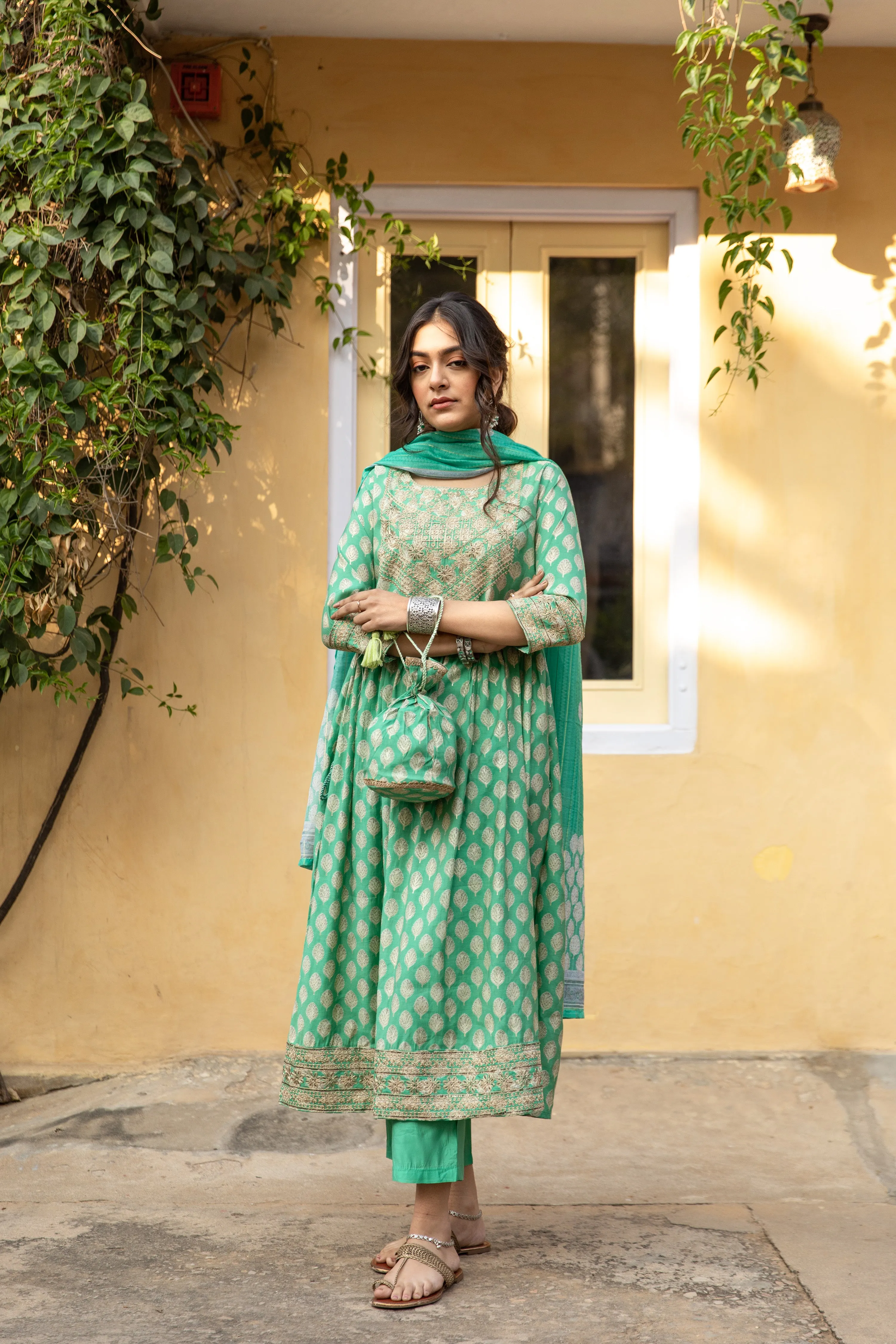 Women Green Muslin Nyara Cut A-Line Kurta Trouser Dupatta & Fancy Potli Set
