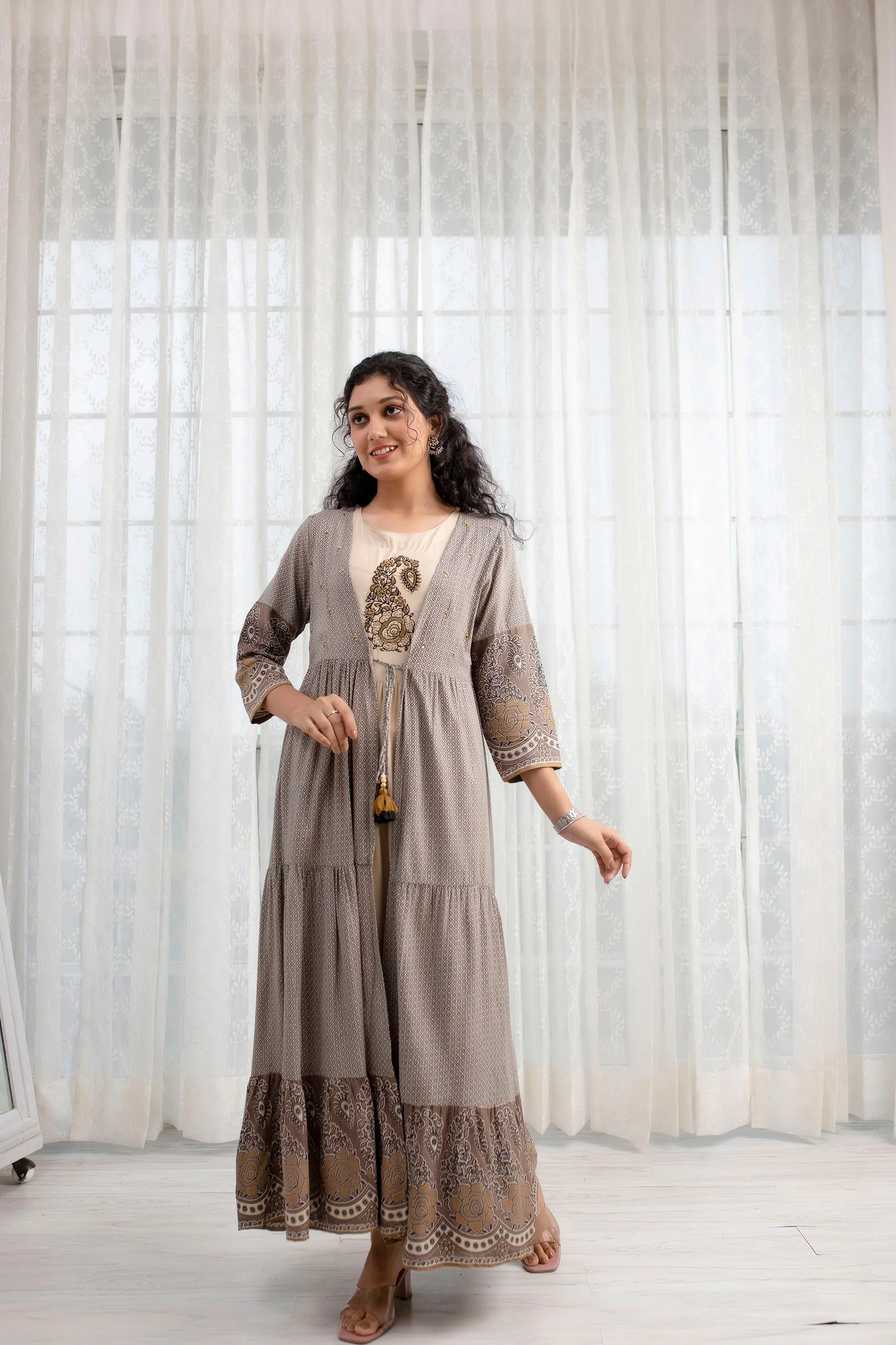Womens Rayon Cream Tiered A-line Ethnic Jacket and Kurta Set