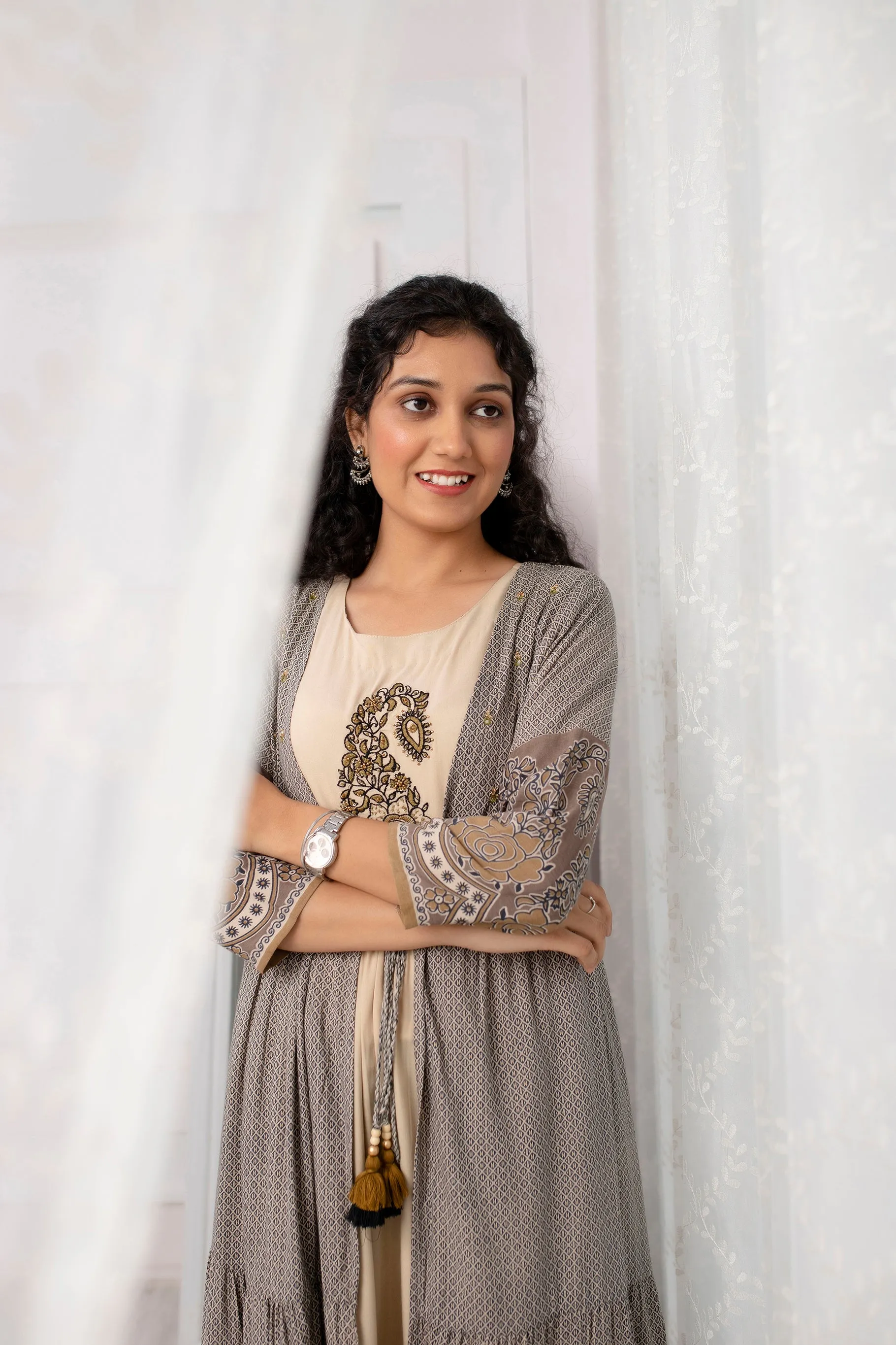 Womens Rayon Cream Tiered A-line Ethnic Jacket and Kurta Set