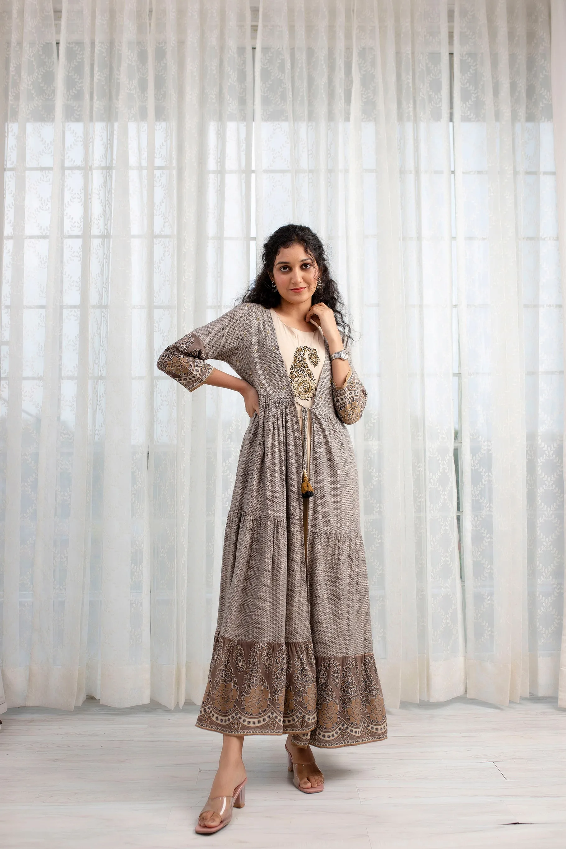 Womens Rayon Cream Tiered A-line Ethnic Jacket and Kurta Set