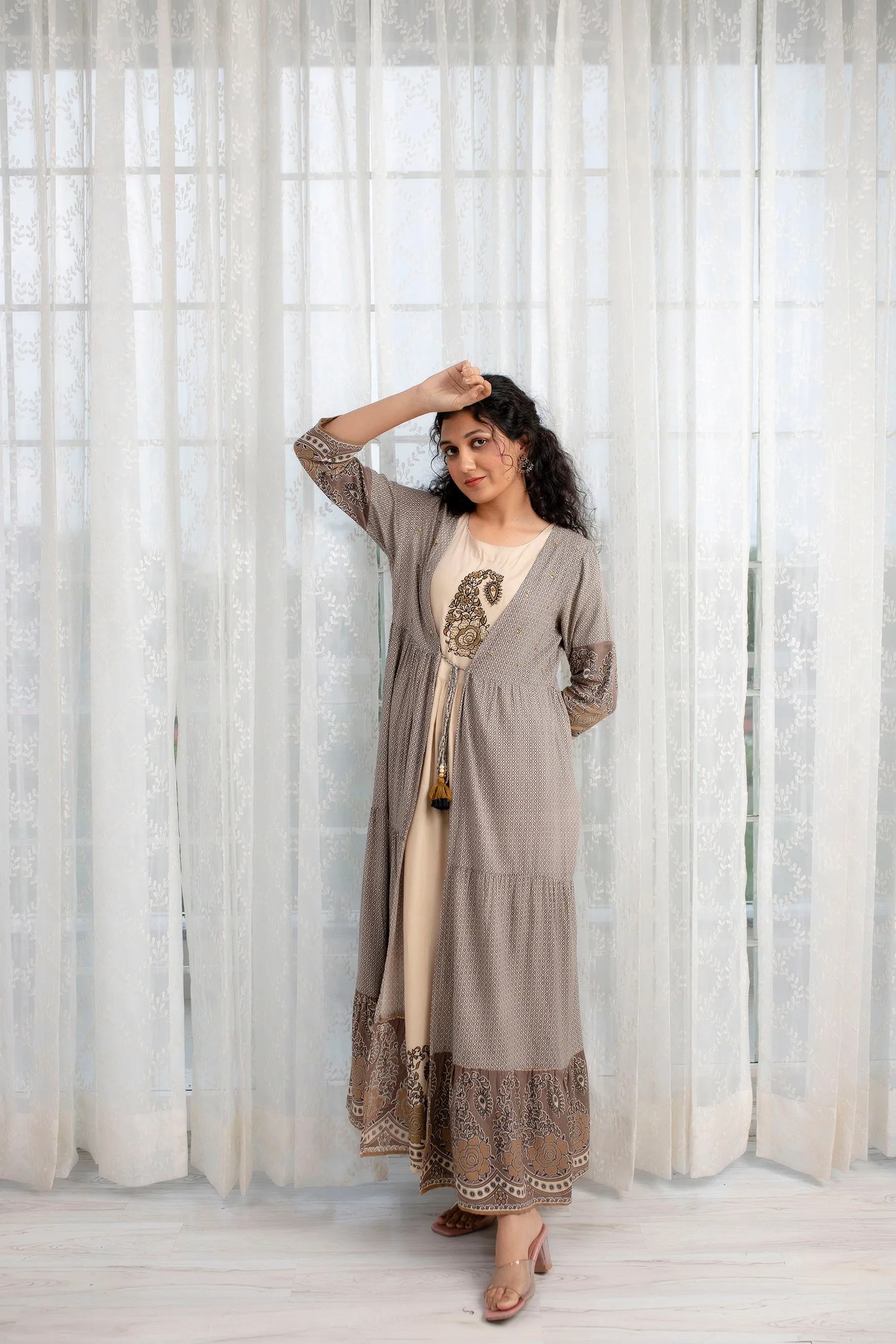 Womens Rayon Cream Tiered A-line Ethnic Jacket and Kurta Set