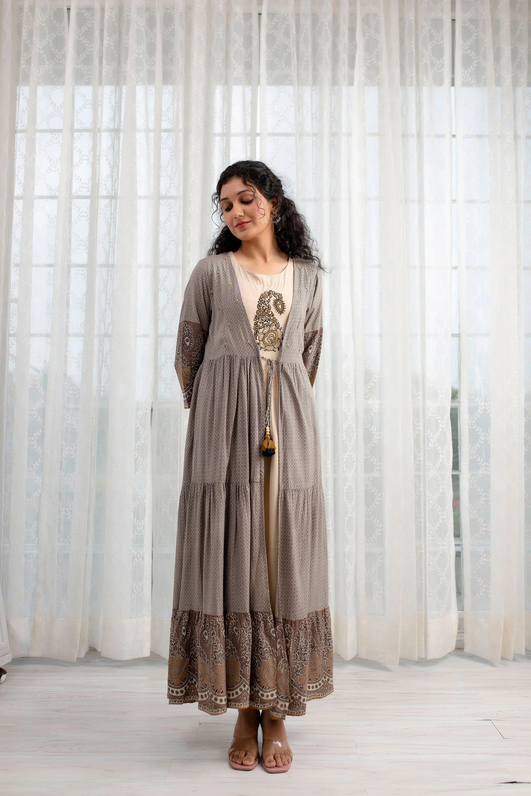Womens Rayon Cream Tiered A-line Ethnic Jacket and Kurta Set