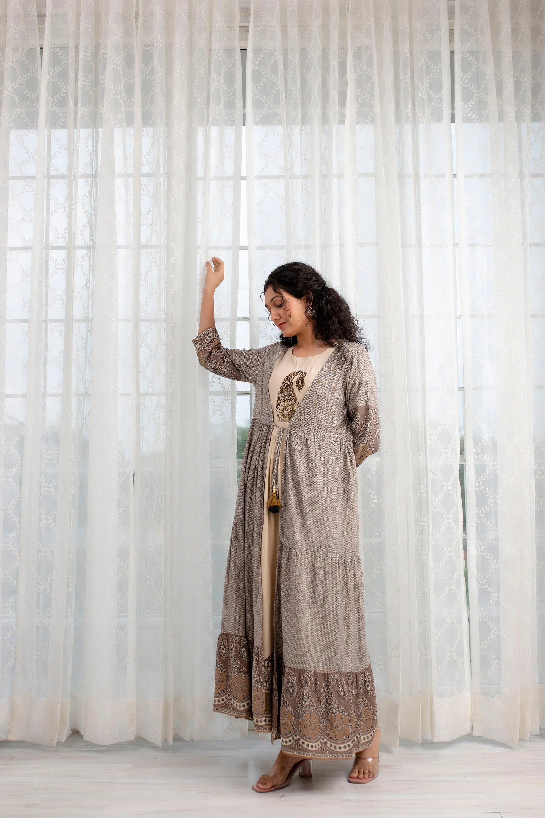 Womens Rayon Cream Tiered A-line Ethnic Jacket and Kurta Set