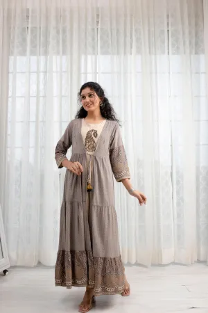 Womens Rayon Cream Tiered A-line Ethnic Jacket and Kurta Set