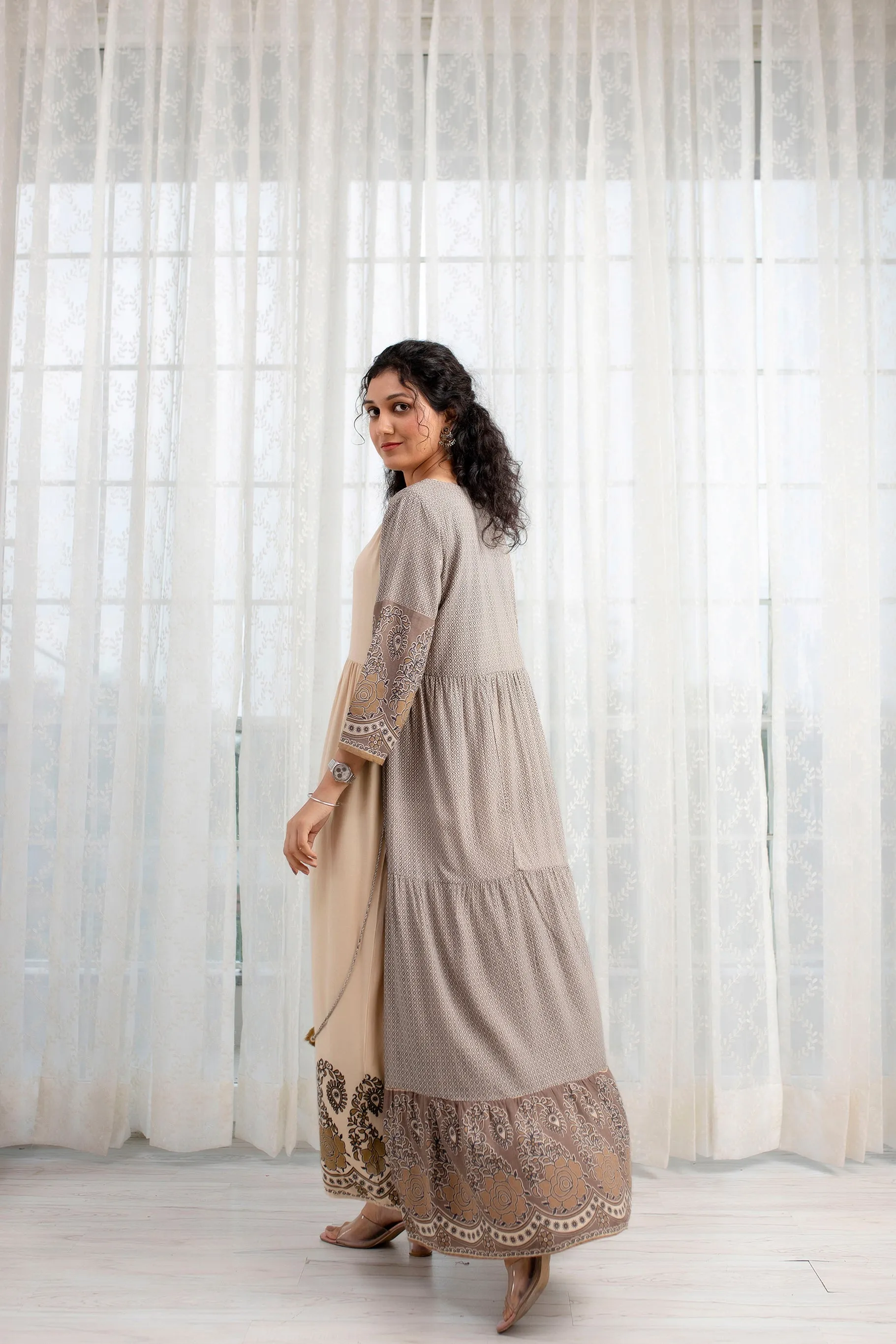 Womens Rayon Cream Tiered A-line Ethnic Jacket and Kurta Set