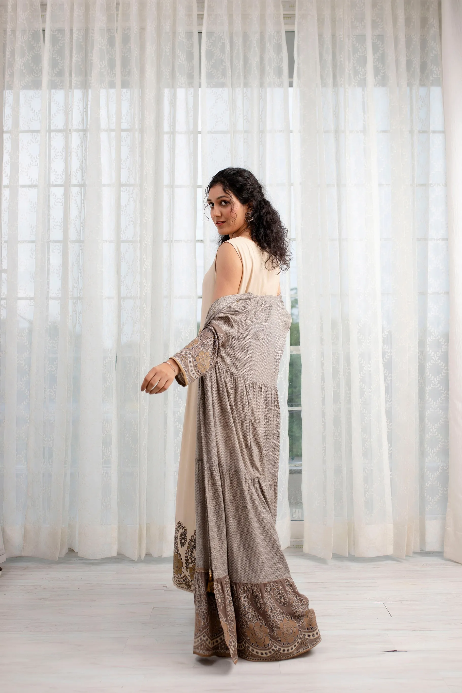 Womens Rayon Cream Tiered A-line Ethnic Jacket and Kurta Set