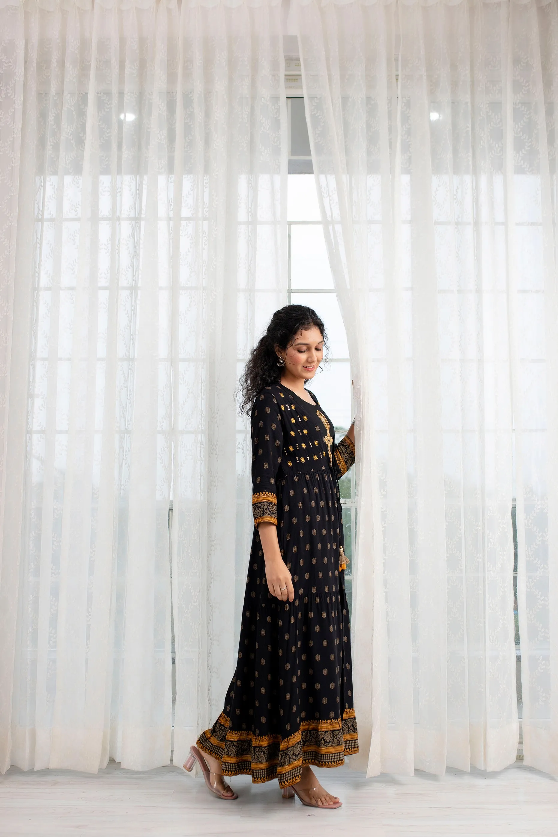 Women's  Rayon Flared A-line Ethnic Jacket and Kurta Set