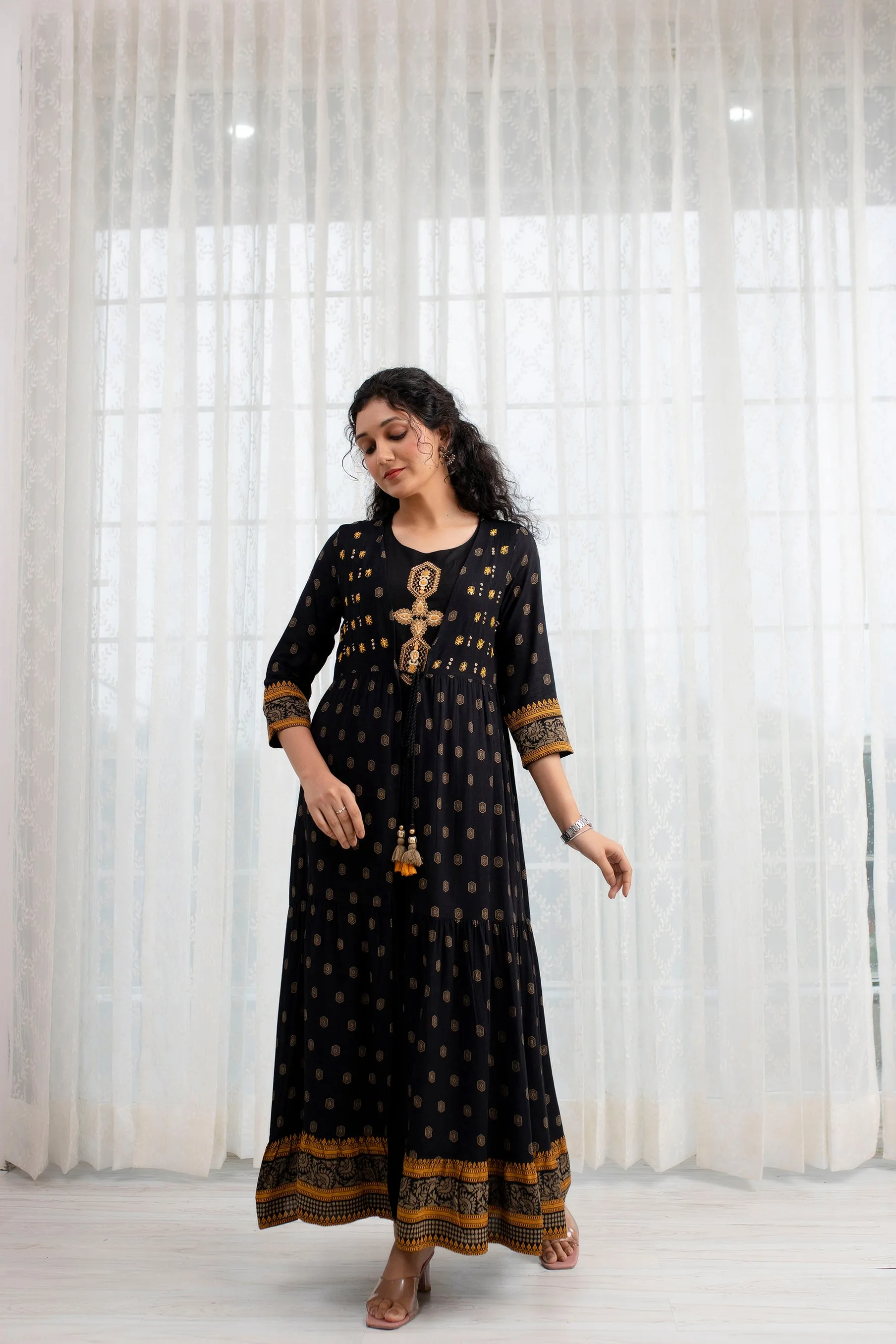 Women's  Rayon Flared A-line Ethnic Jacket and Kurta Set