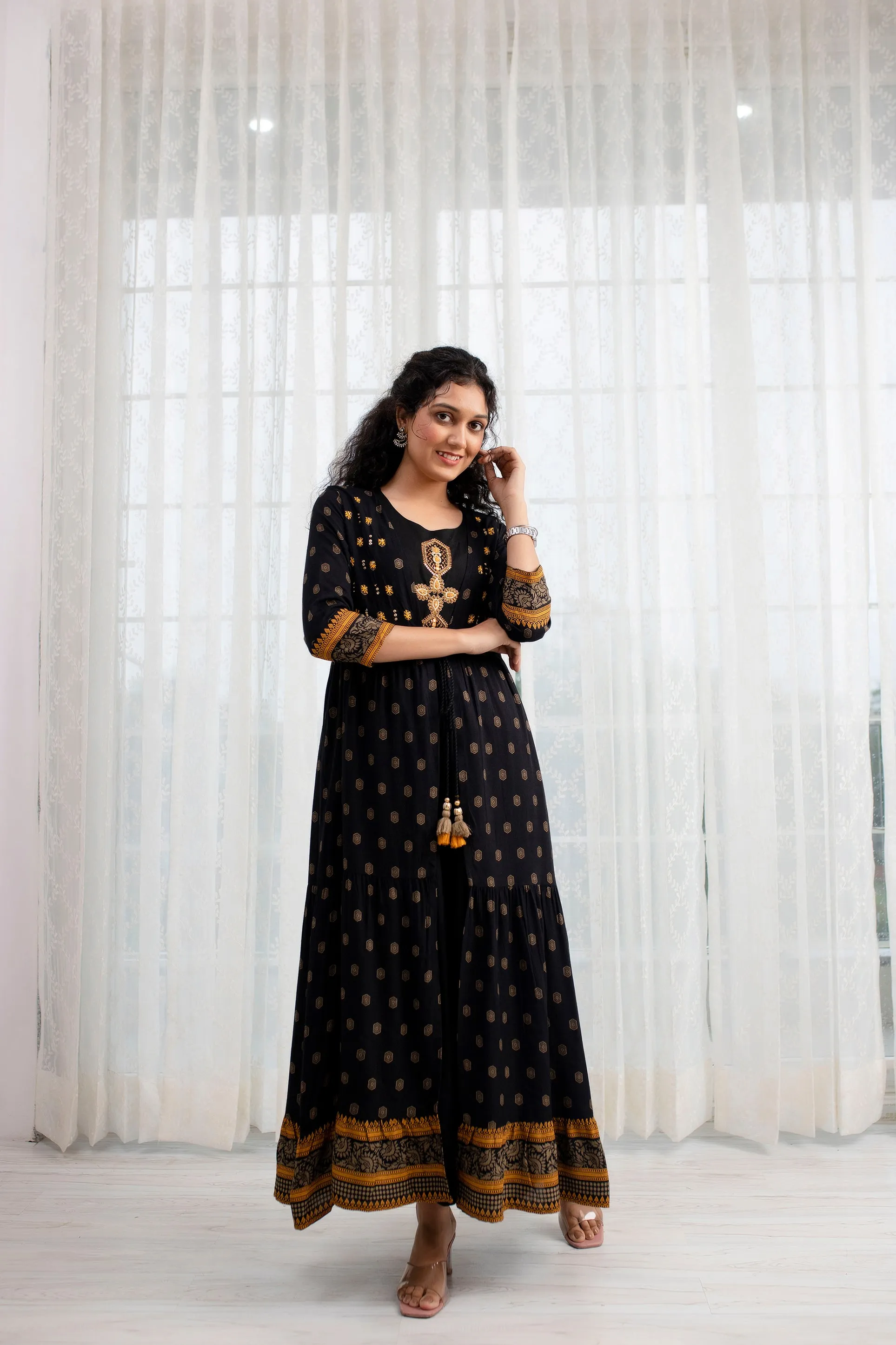 Women's  Rayon Flared A-line Ethnic Jacket and Kurta Set
