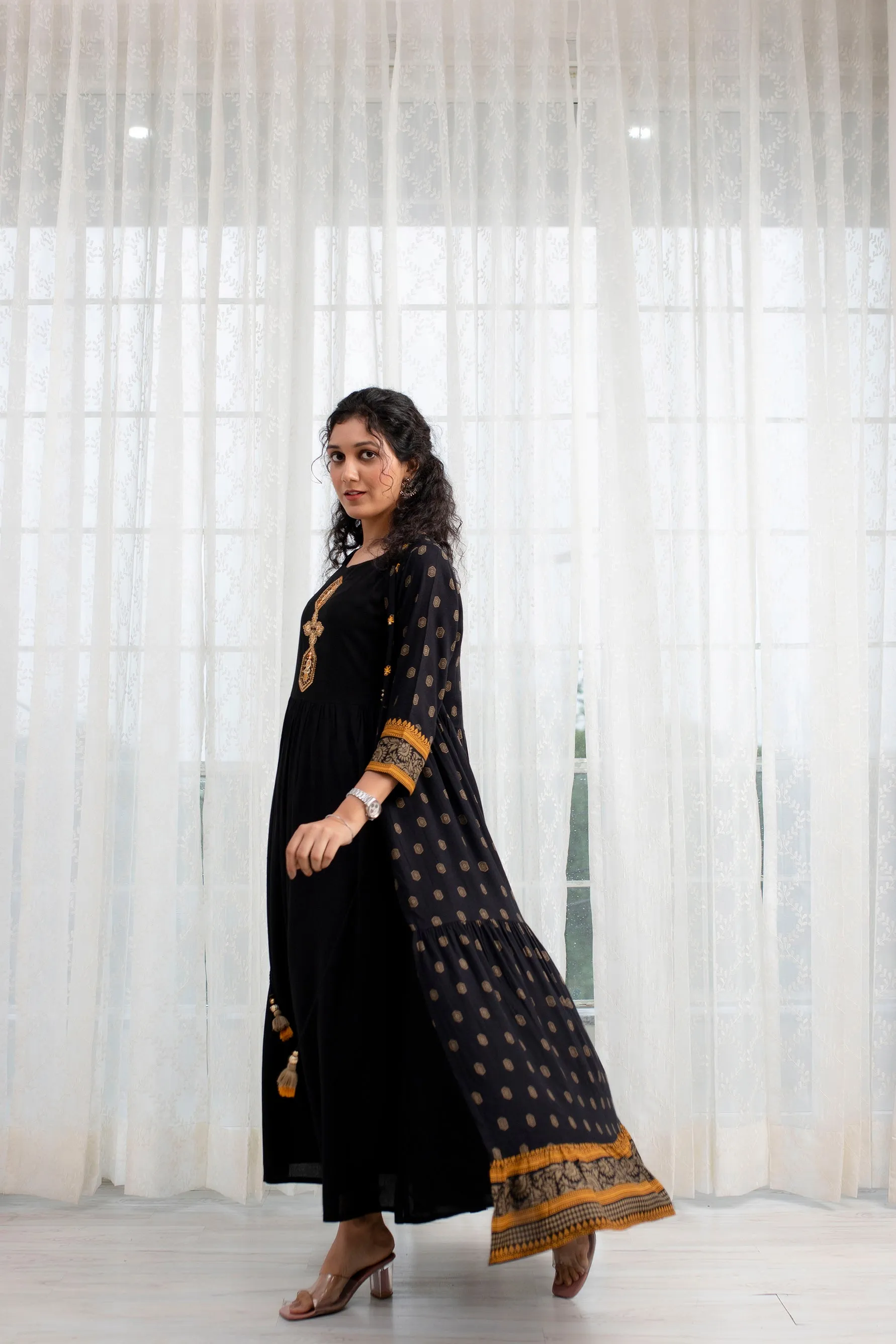 Women's  Rayon Flared A-line Ethnic Jacket and Kurta Set