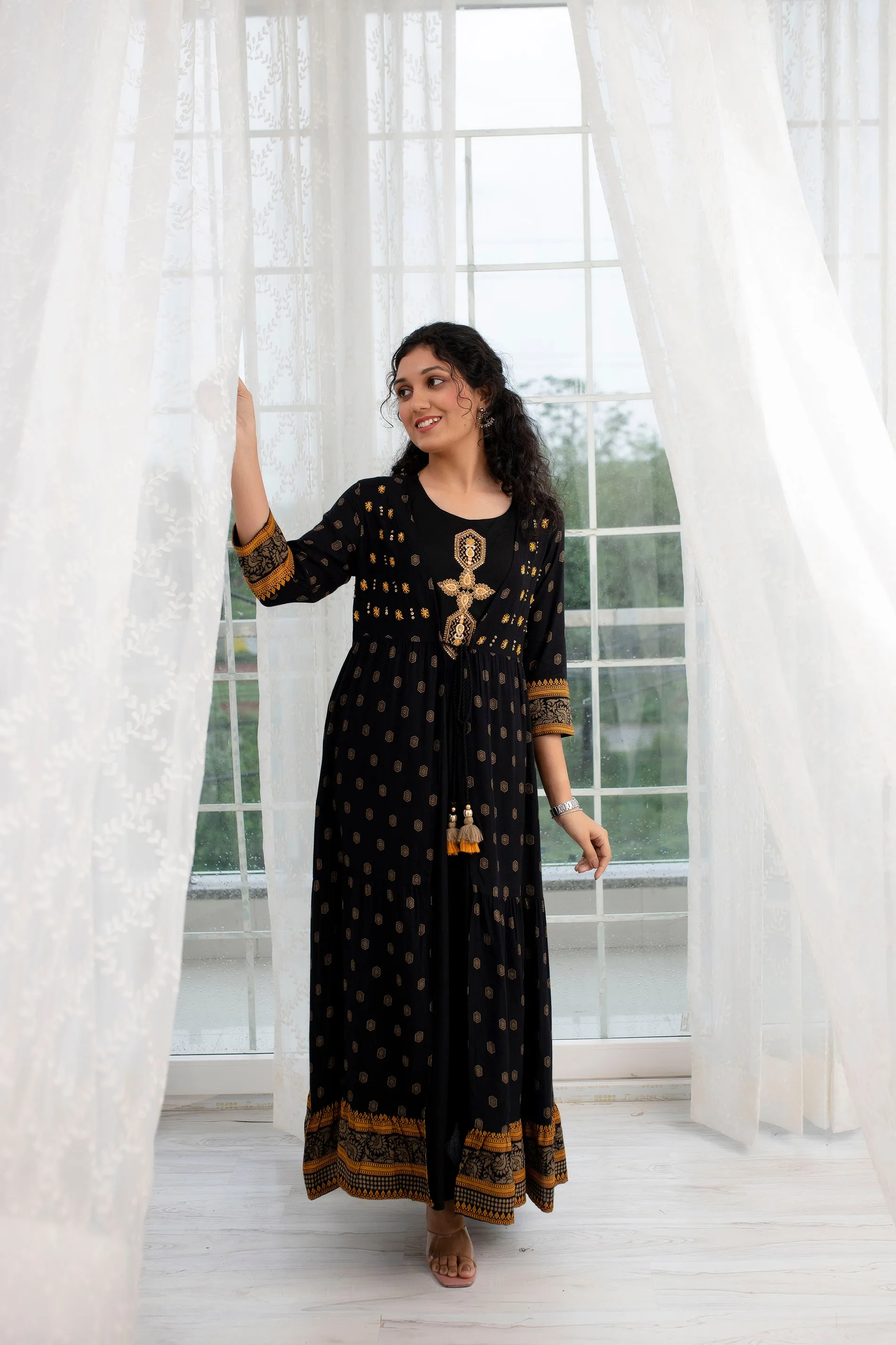 Women's  Rayon Flared A-line Ethnic Jacket and Kurta Set