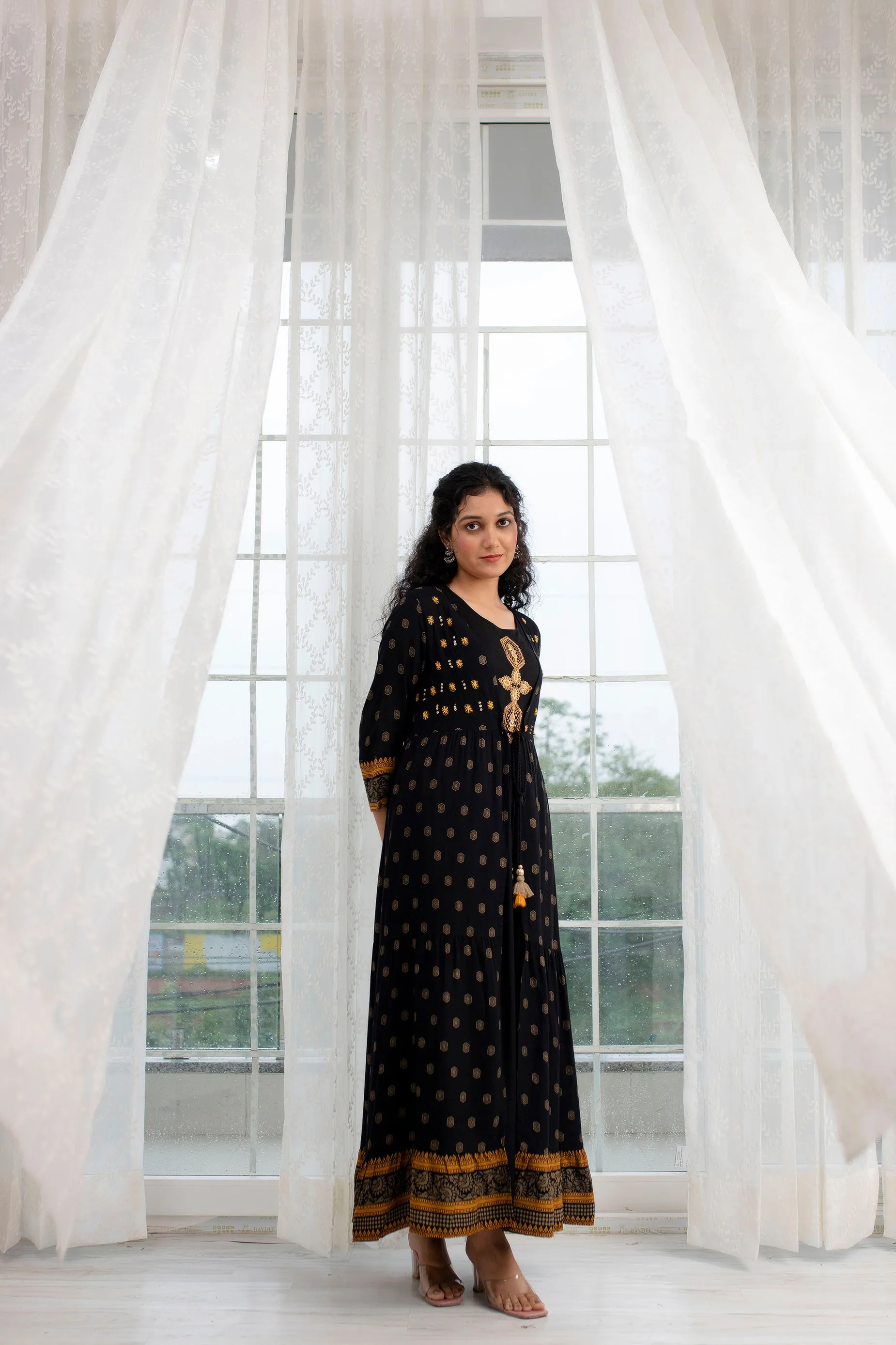 Women's  Rayon Flared A-line Ethnic Jacket and Kurta Set