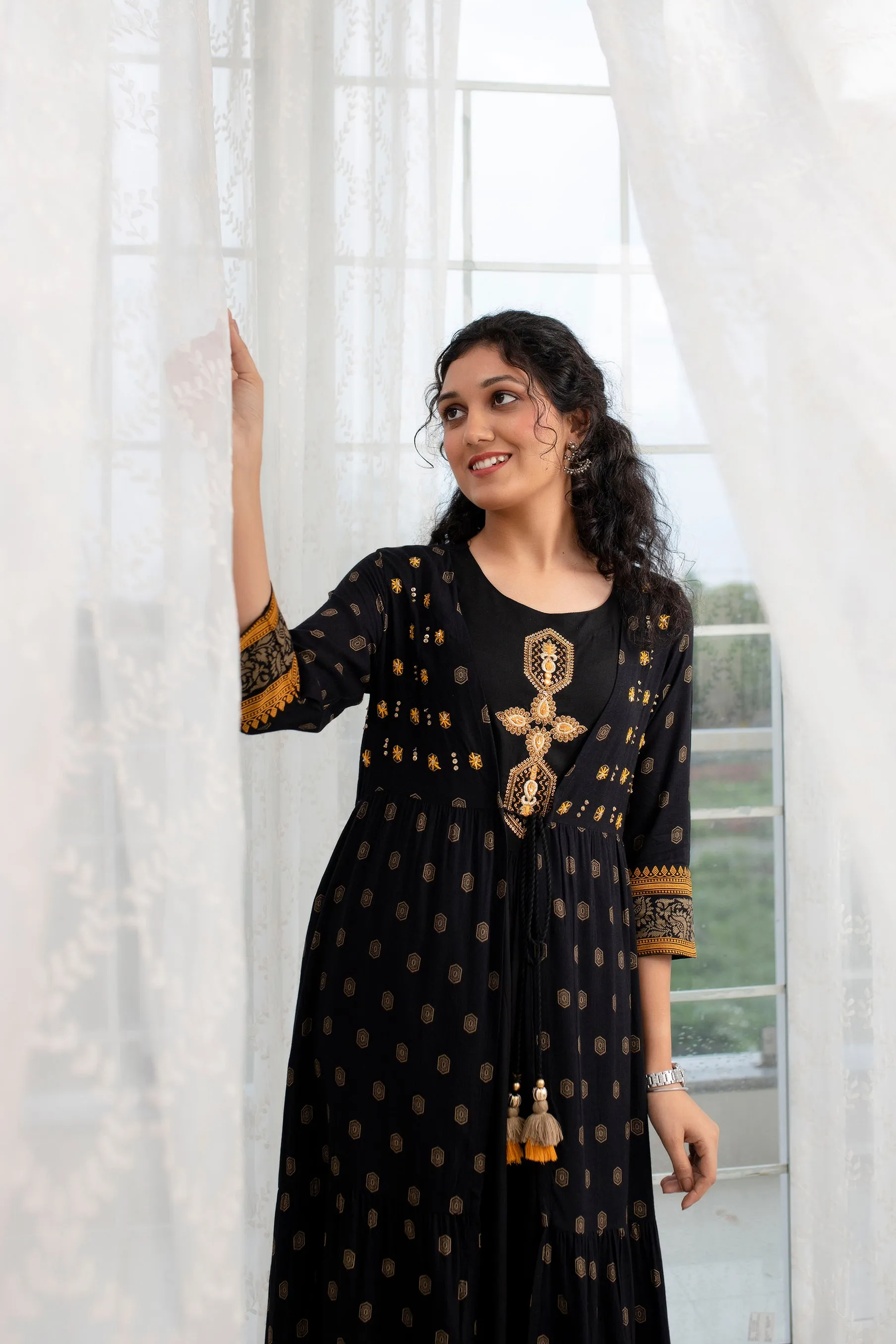 Women's  Rayon Flared A-line Ethnic Jacket and Kurta Set