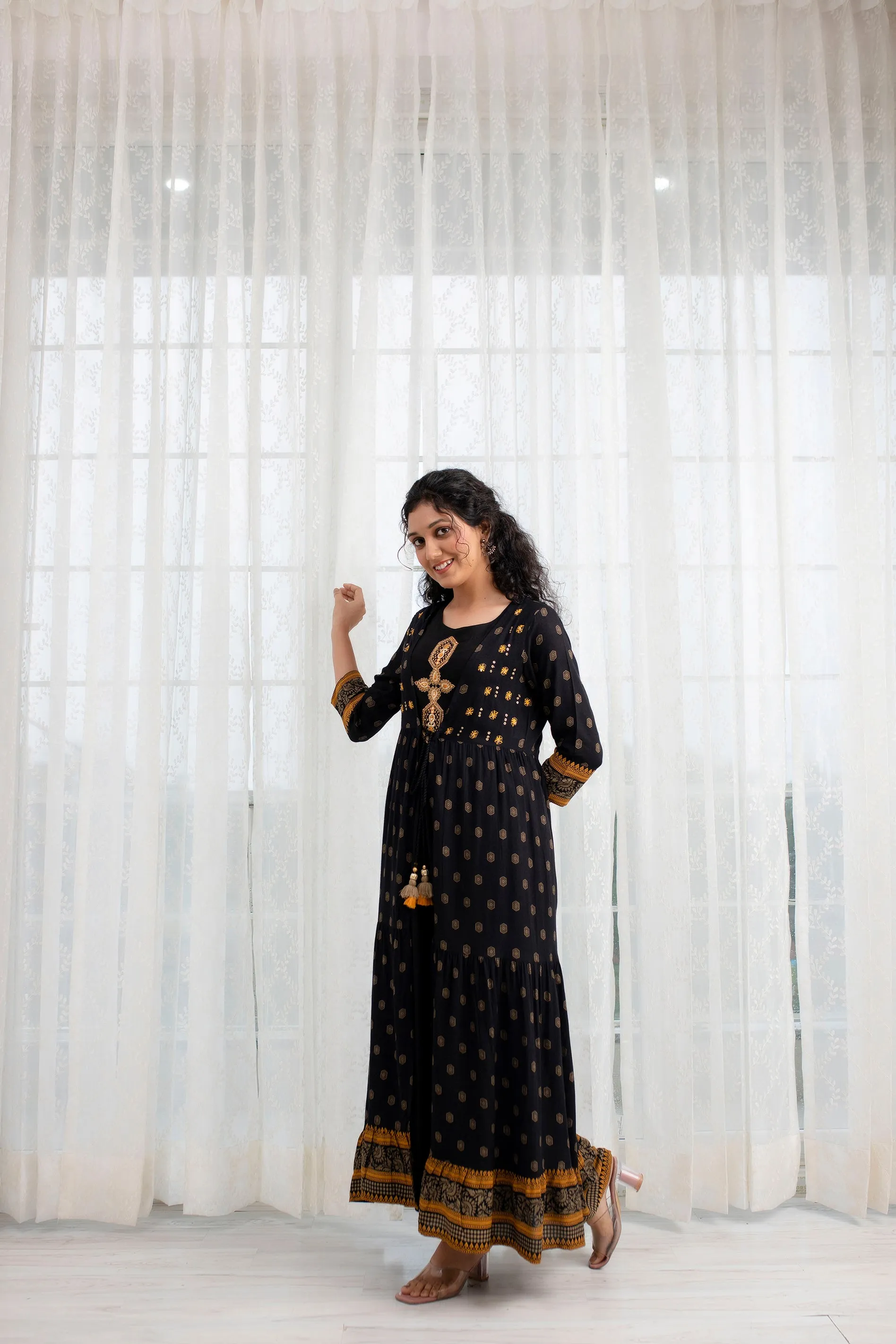 Women's  Rayon Flared A-line Ethnic Jacket and Kurta Set