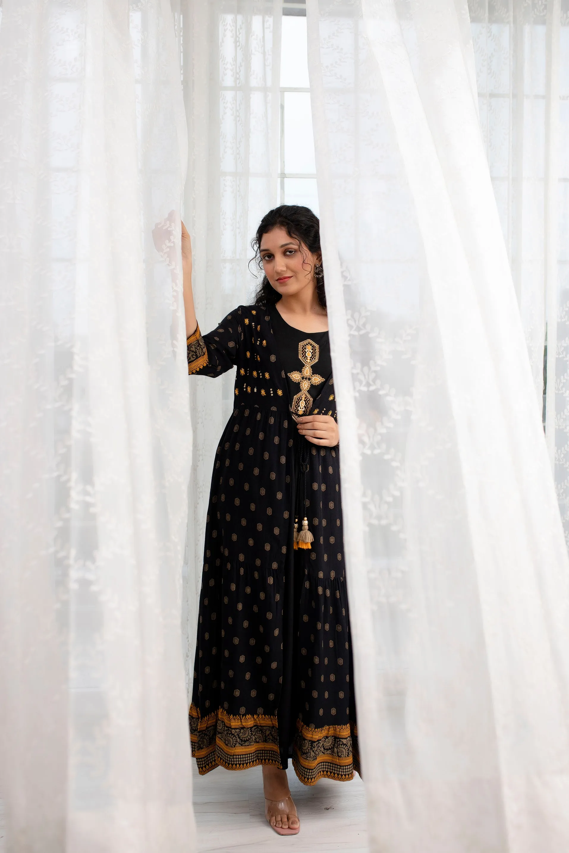 Women's  Rayon Flared A-line Ethnic Jacket and Kurta Set